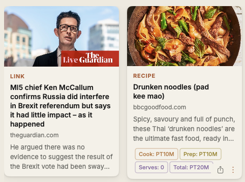 Pinboard showing saved web content as cards, including an article and a recipe.