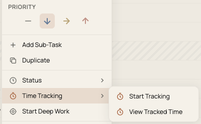 Productivities task menu with priority controls and time tracking options.