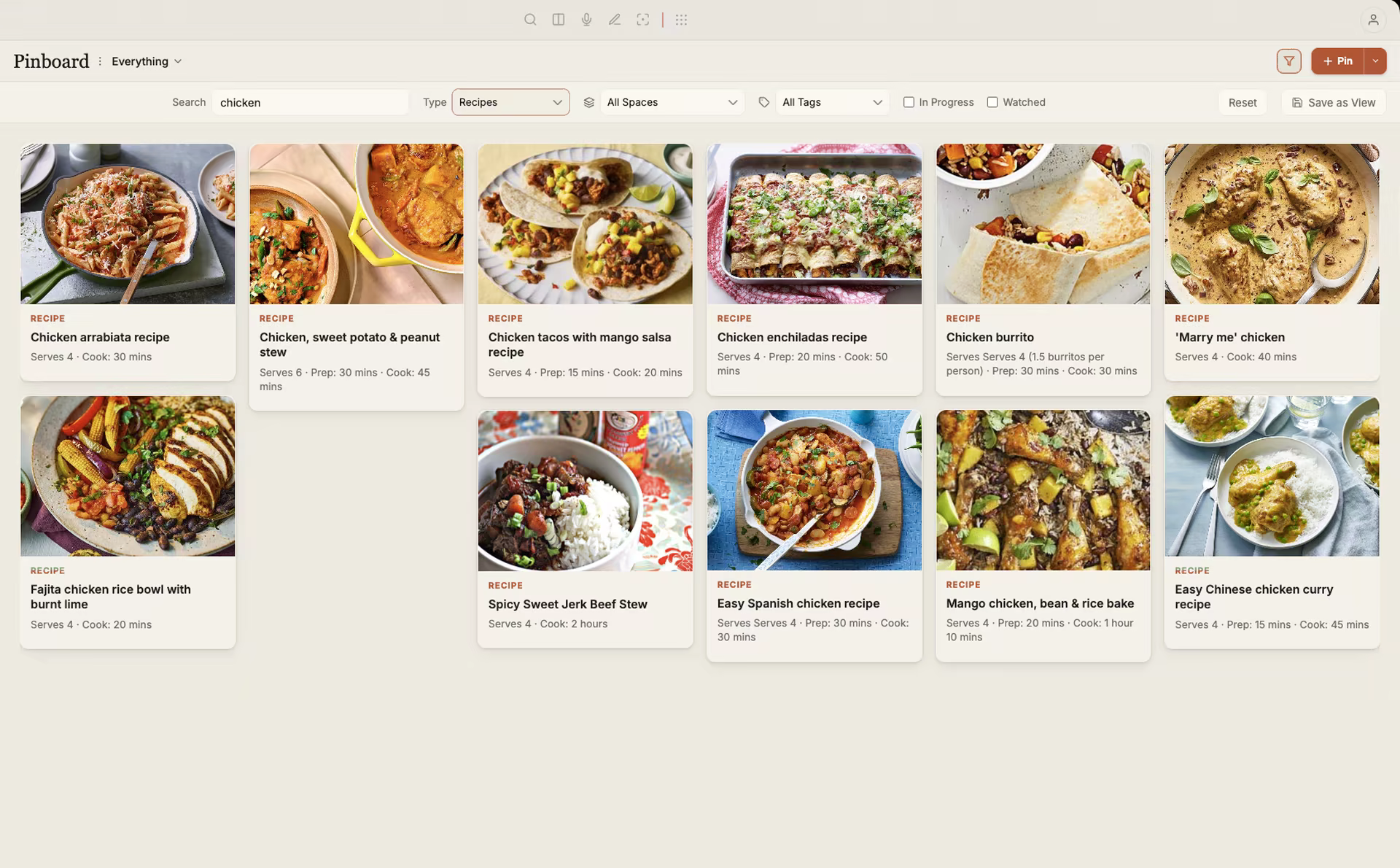 Productivities Pinboard filtered to show saved chicken recipes