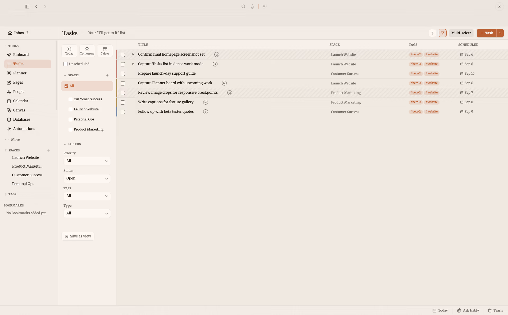 Productivities Tasks list showing current launch work