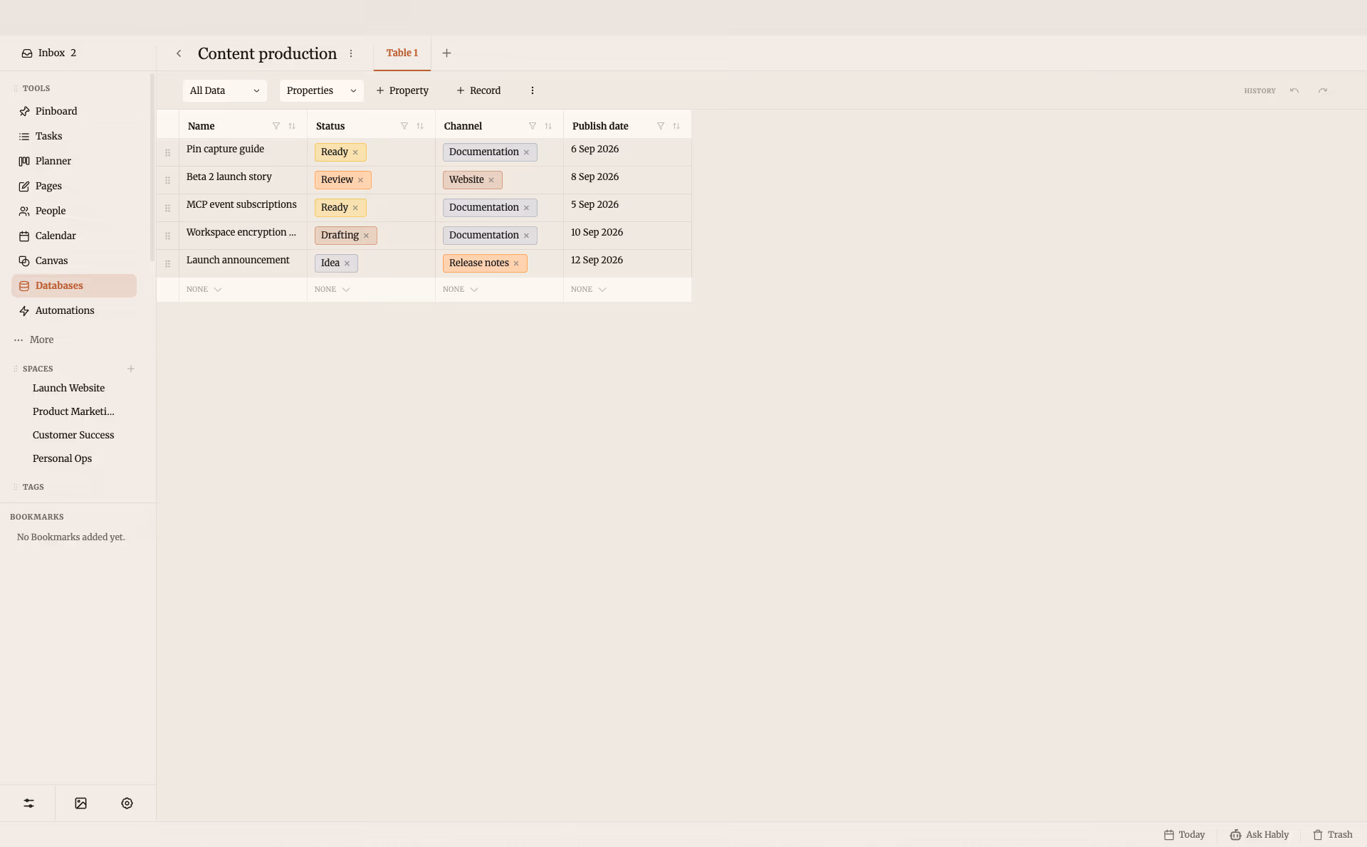 A content production database with records, properties, statuses and dates
