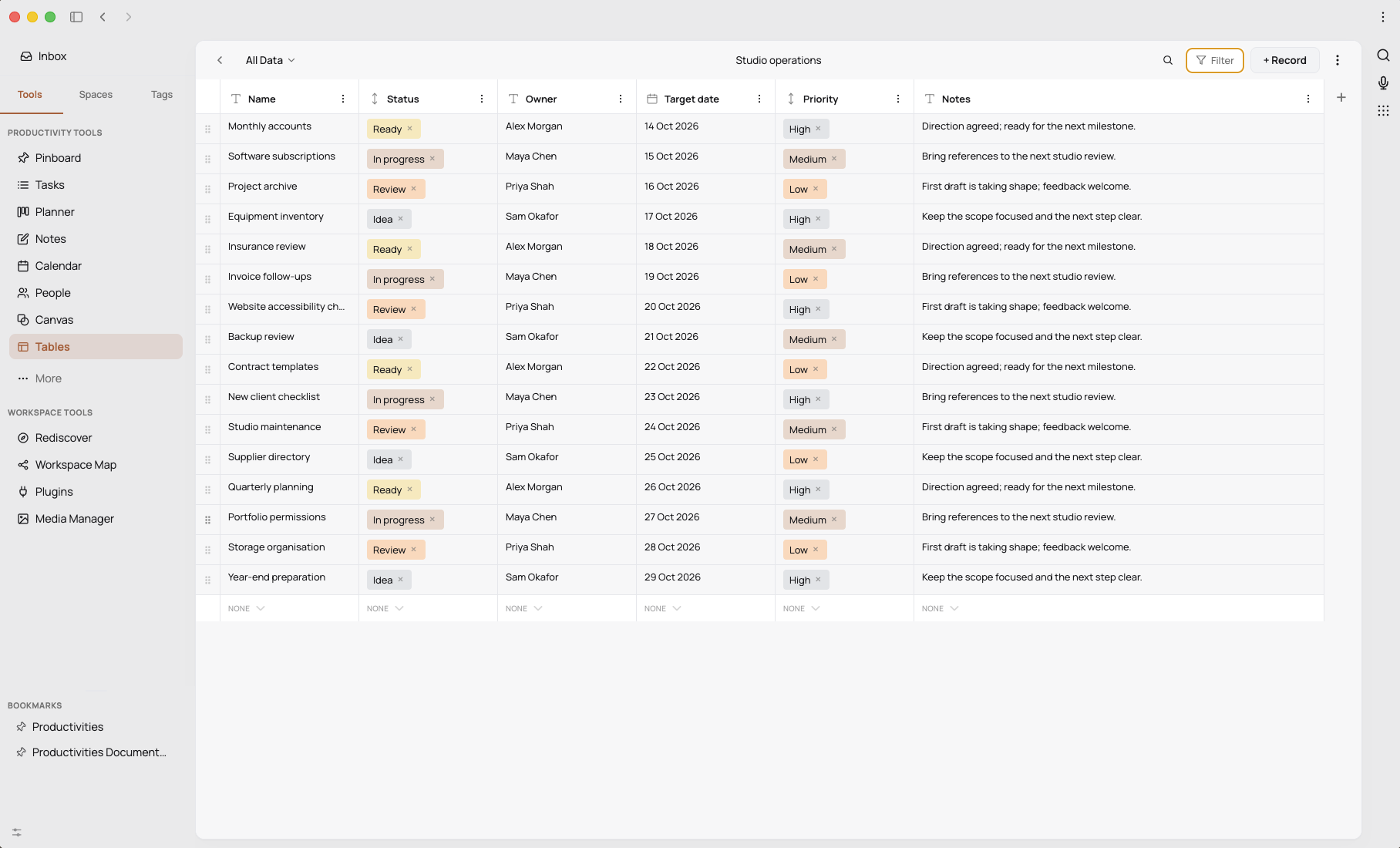Structured records organised in a table