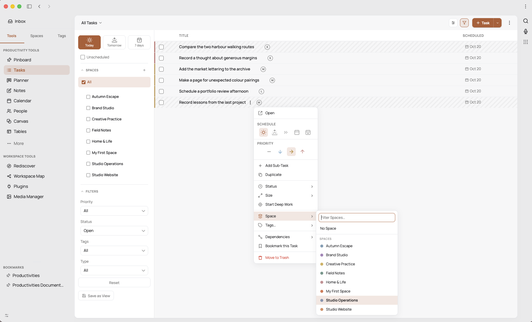 Task priorities, scheduling and project context